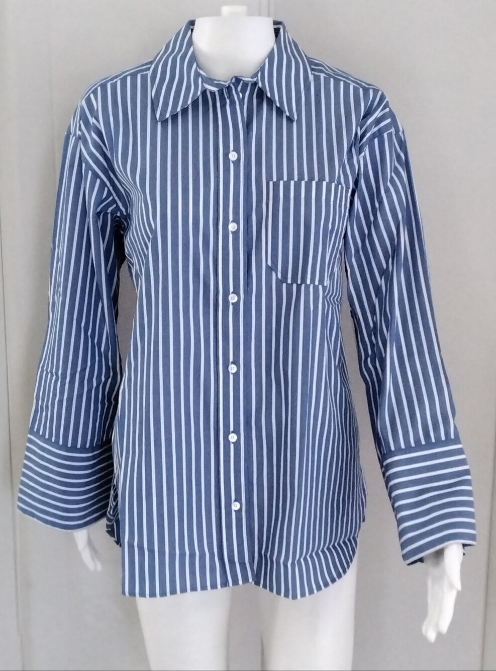 Sezane Chimise Bilma 100% Organic Cotton Blue White Striped Oversized Shirt Sz 2